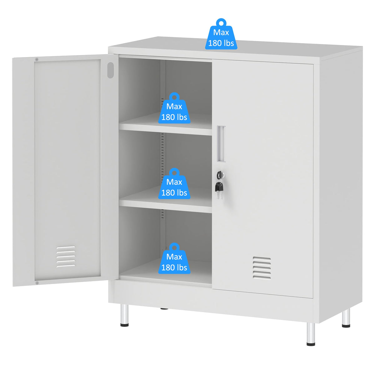 JINGUR Metal Storage Cabinet with Locking Doors and 2 Adjustable Shelves, Lockable Storage Cabinet for Home Office Garage Pantry Living Room (White)