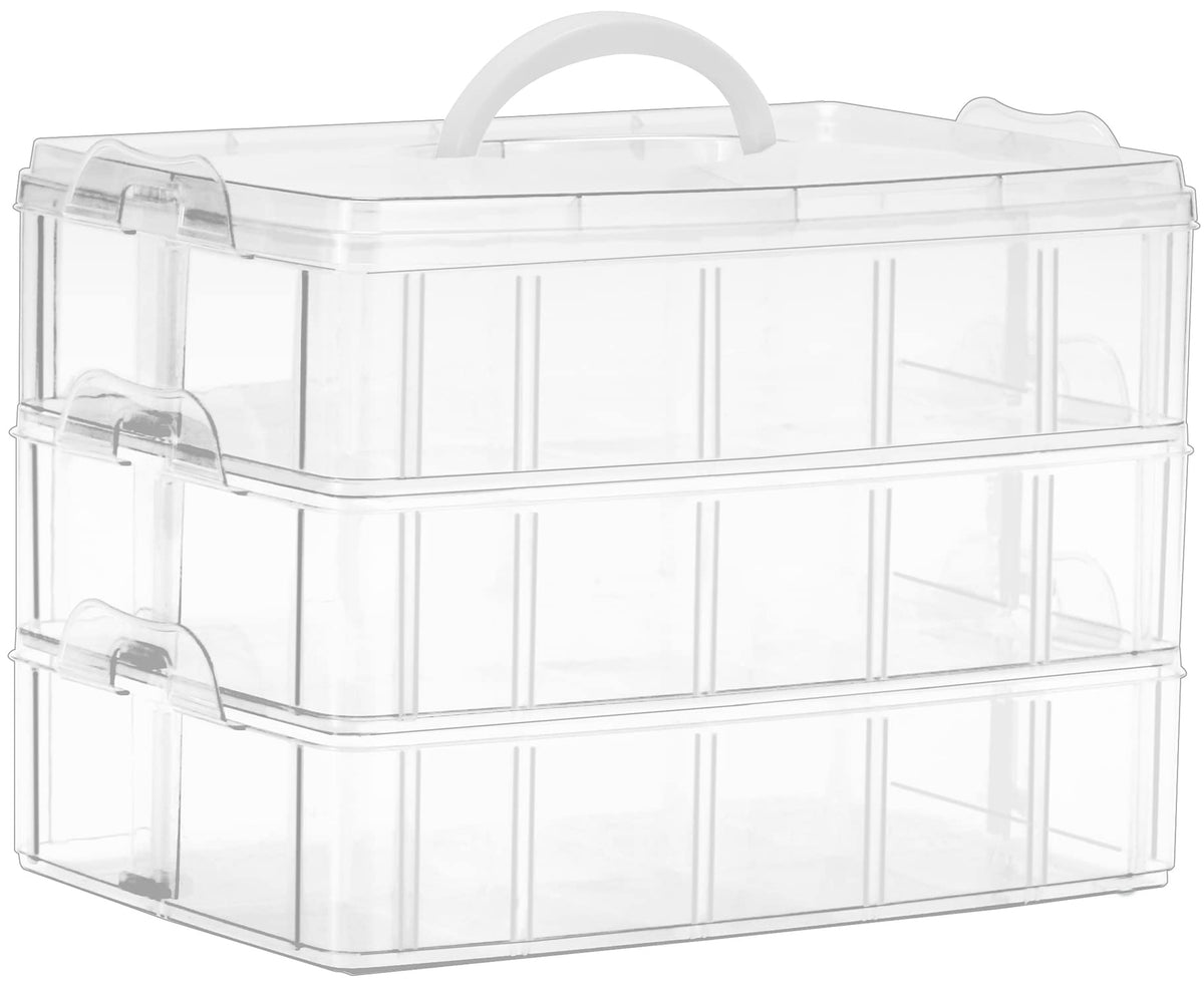 Sooyee 3-Tier Stackable Craft Organizers and Storage Box Plastic with 30 Compartments for Bead, Toys,Dolls, Arts and Craft, Washi Tape, Rock Collection, Ribbons,Clear