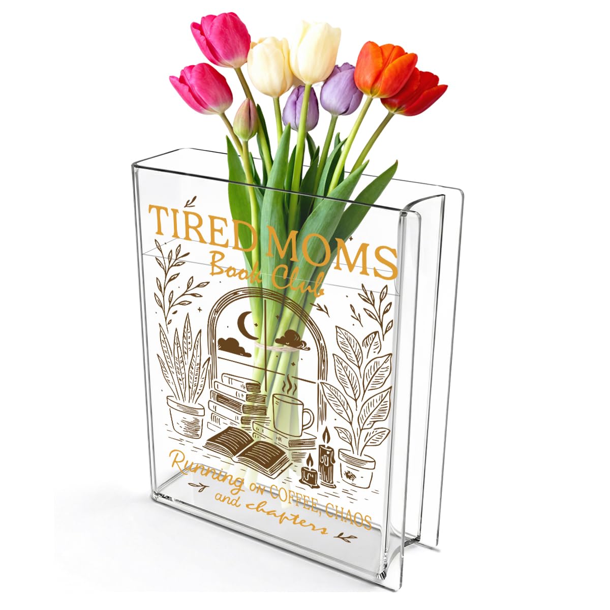 Moms Book Flower Vase Mothers Day Birthday Book Lover Gifts for Mom Mother from Daughter Son Coffee Chaos and Chapters Tired Moms Funny Acrylic Book Shaped Vase Decor for Home Office Table Vase 3804