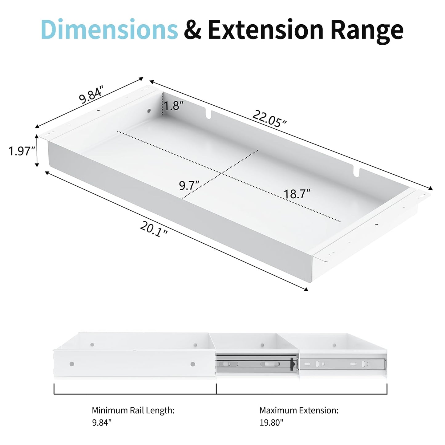 ERGO COLLECT Under Desk Drawer,20.1 inch Carbon Steel Slide-Out Under Table Storage Organizer With Full Extension Ball-Bearing Slides,Undermount Drawer For Standing Desk & Home Office,White