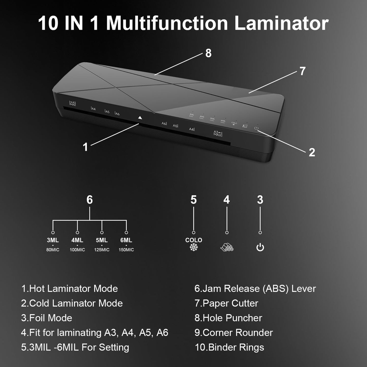 A3 Laminator Machine 13 Inch Thermal Cold 10-in-1 Auto Feed Laminator with 50 Sheets, Paper Trimmer, Corner Rounder, Fast Warm Up Jam-Proof for Home Office School Documents Photos (Black)