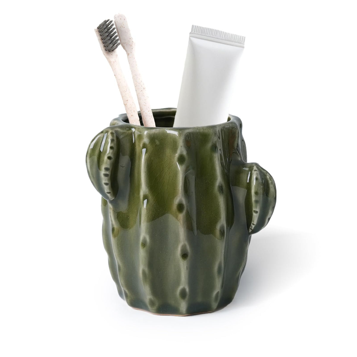 Cactus Toothbrush Holder for Bathrooms，Ceramic Toothpaste Holder Cute Toothbrush Holder Set,for Bathroom Counter and Desk Office Fun Decor Desk Organizer, Makeup Brush Holder - Dark Green