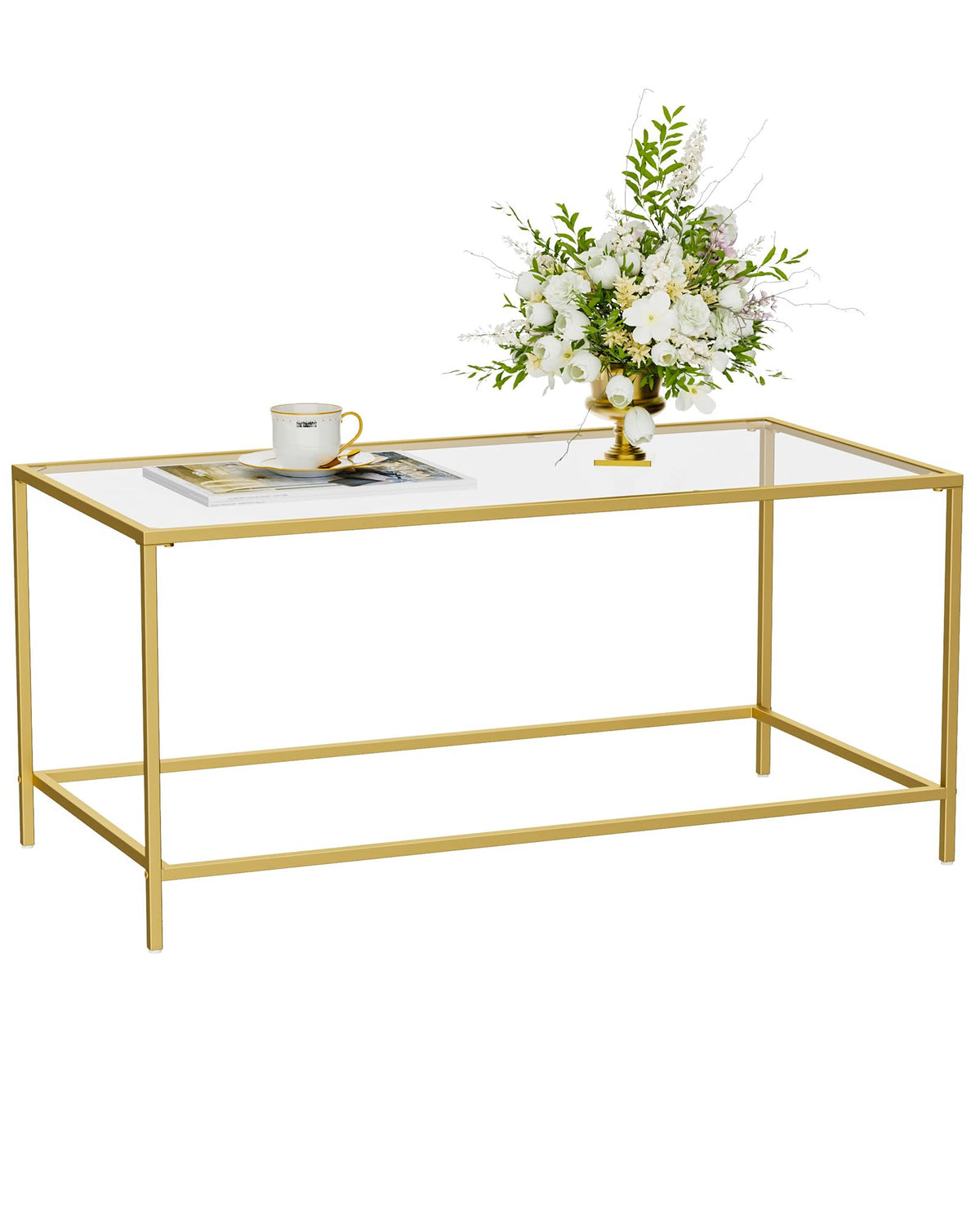 Homleke Glass Coffee Table, Modern Rectangular Coffee Table for Living Room, Minimalist Center Tea Table with Sturdy Metal Frame for Apartment, Office, Easy Assembly, 39.4 x 19.7 x 17.7 Inches, Golden