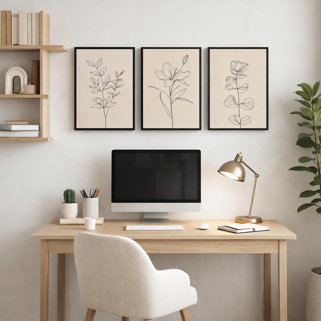 CHTEXA Minimalist Botanical Wall Art Set Of 3 Framed Canvas Prints Neutral Beige Plant Line Art Decor For Living Room Bedroom Bathroom Office 12x16 Inch