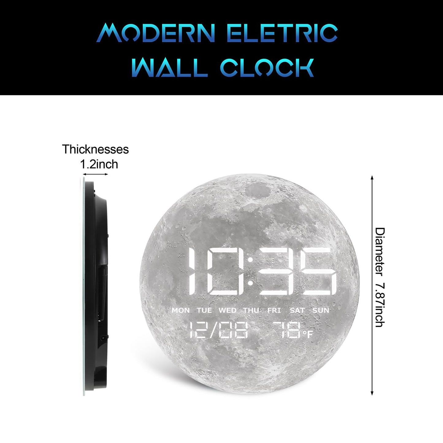 HOMLOVE Digital Desk & Shelf Clock, LED Moon/Earth Design, Temperature Display, 7.87 x 7.87 inches (Moon, 7.87 INCH)