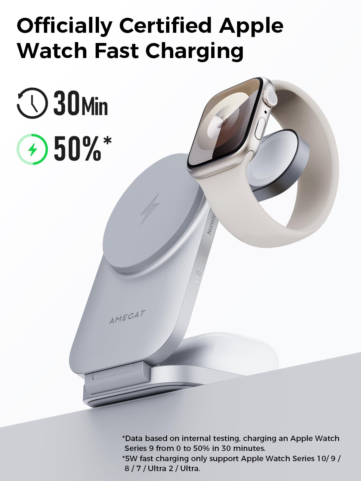 AMEGAT MagFusion Z 3-in-1 Charging Station Compatible with MagSafe, 15W Wireless Charger Foldable Qi2 Certified, Magnetic Charger for iPhone 17/16/15/14/13/12, AirPods 4/3/2/Pro, Apple Watch, Silver