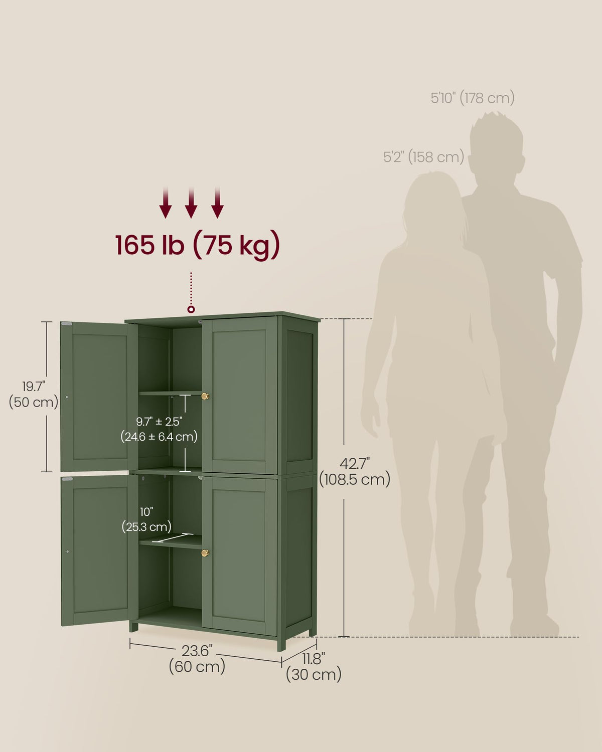VASAGLE Floor Storage Cabinet, Shaker Cabinet with 2 Adjustable Shelves, 4 Doors, Tall Freestanding Organizer Unit, for Kitchen Bathroom Living Room, Forest Green UBBC553CH01S