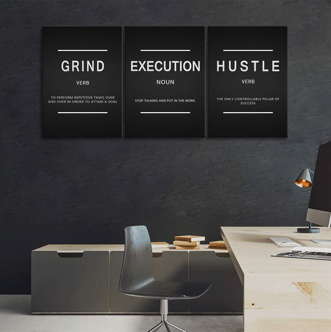 Large Success Quote Inspirational Wall Art Motivational Grind Hustle Execution Painting Entrepreneur Office Posters Prints Canvas Artwork 3 Panels Wall Decor for Office Framed Ready to Hang- 24"x36"x3