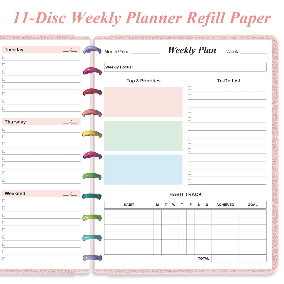 Weekly Planner Undated Refills - Letter Size 53 Sheets/106 Pages Colorful Weekly Planner for 11-Disc Discbound, TUL, 100 gsm White Paper, Lasts 1 Year, Undated, 8.5" x 11"