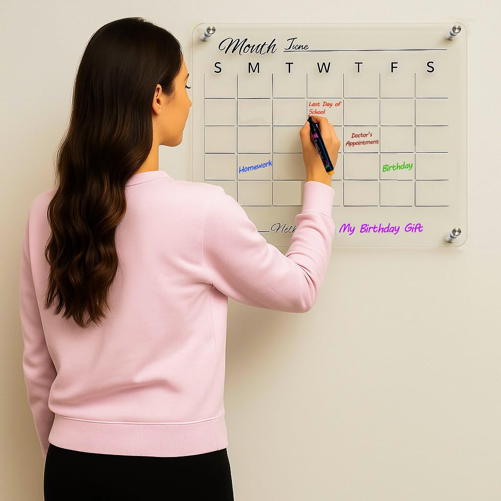 Premium Acrylic Calendar for Wall (16.75” x 13.25”) Clear Calendar & Family Reusable Planner with Vibrant Markers, Acrylic Dry Erase Board for Wall, Home, Office, or Family Command Center