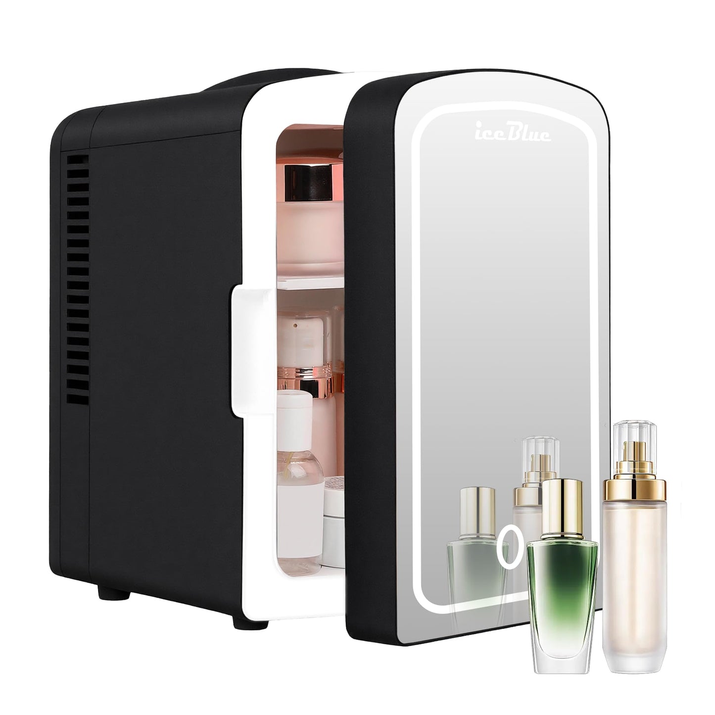 Iceblue Mini Fridge, Skincare Fridge with Dimmable LED Light Mirror, 4 Liter /6 Cans Small Refrigerator for Beauty & Beverages,Mini Fridge for Bedroom, Car, Office & Dorm, Gift - Black