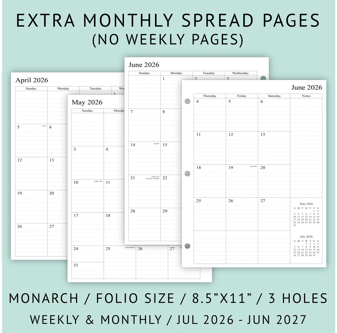newestor 2026-2027 Weekly Planner Refills for 3-Ring Binder with Monthly Tabs, Jul 2026 - Jun 2027, 8-1/2" x 11", Folio Size 5 / Monarch