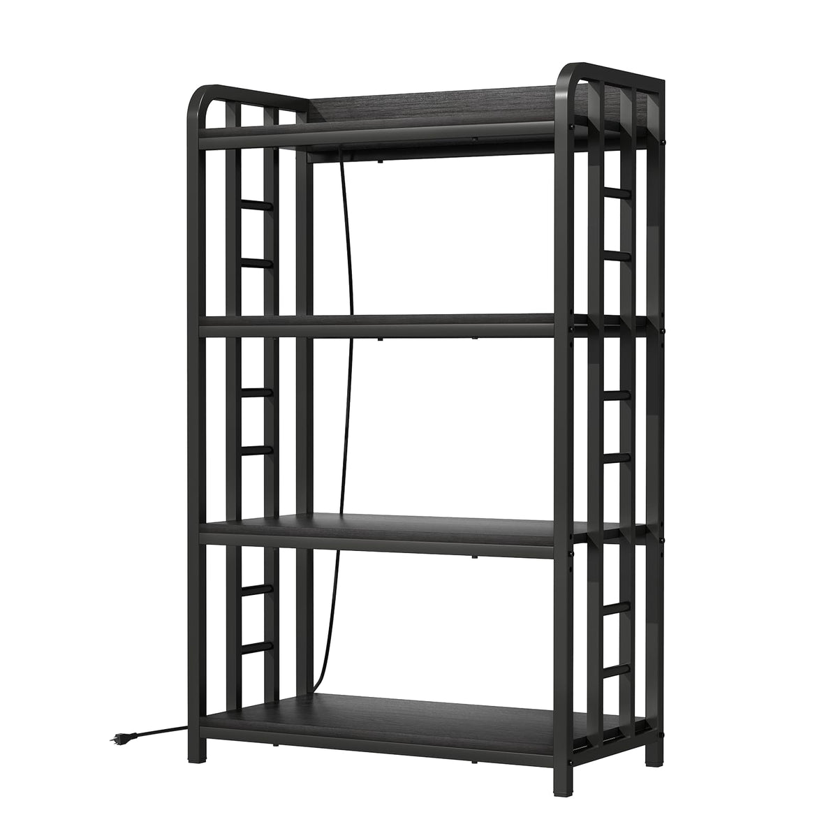 TIFFLOI Adjustable Bakers Rack with Power Outlet, 4 Tier Microwave Oven Stand, Heavy Duty Kitchen Storage Rack for Garage Dining Room, Black