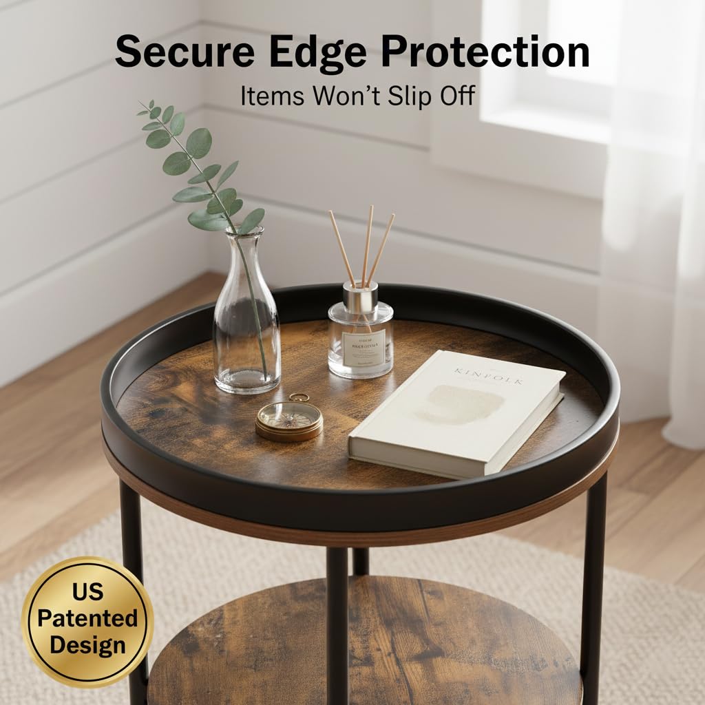 Dulcii Side Table, Round End Table with 3 Storage Shelves for Living Room, Bedroom, Nightstand with Steel Frame for Small Spaces, Industrial Round Sofa Table, Outdoor Accent Coffee Table, Rustic Brown