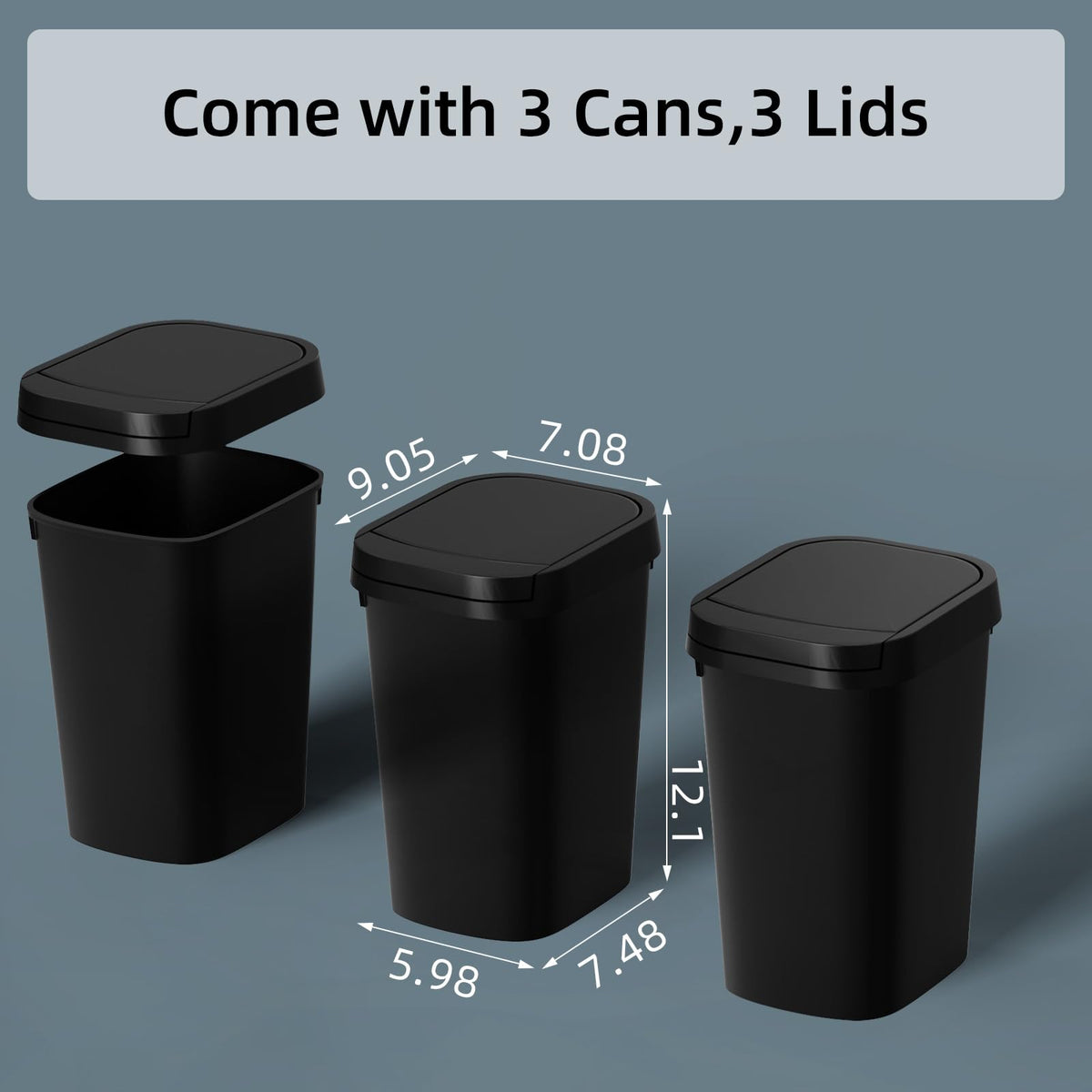 KSSKSS 3 Pack Bathroom Small Trash Can with Lid, 2.6 Gallon Slim Garbage Bin with Pop-Up Lid, 10L Plastic Wastebasket for Bedroom, Office, Kitchen, Toilet (Matte Black)