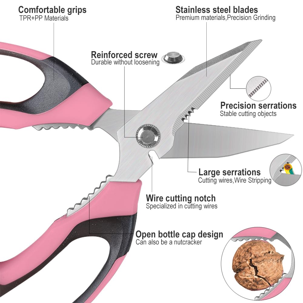 FTECYBO Heavy Duty 8'' Multipurpose Scissors with Protective Cover, Stainless Steel Serrated Blades, Easy Cutting Cardboard, Leather, Fabric, Wires (PINK)