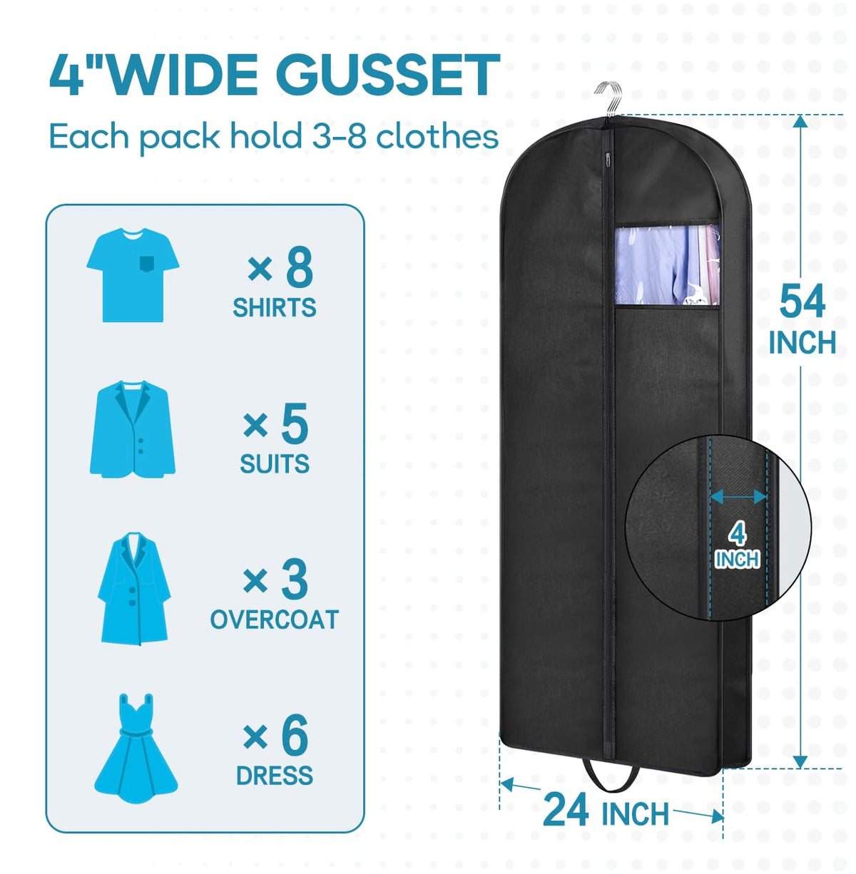 KIMBORA 54" Garment Bag for Travel, Gusseted Suit Bags for Men With Handle Garment Bags for Hanging Clothes Storage Suit Cover for Dress, Coats, Jackets, Shirts