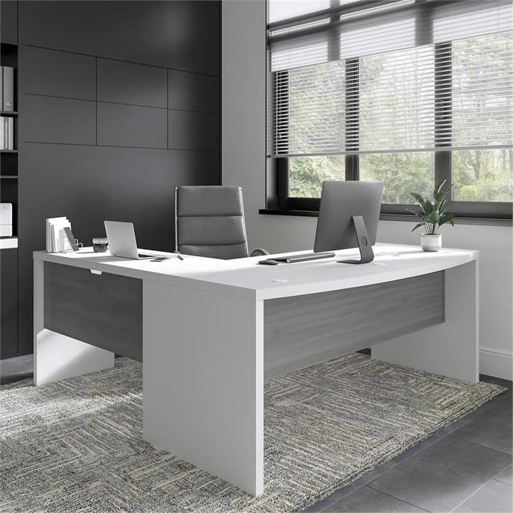 Bush Business Furniture L Shape Desk with Wire Management | Echo Collection Corner Bow Front Table for Home Office with Quick-to-Assemble Hardware | 72Wx77Lx30H