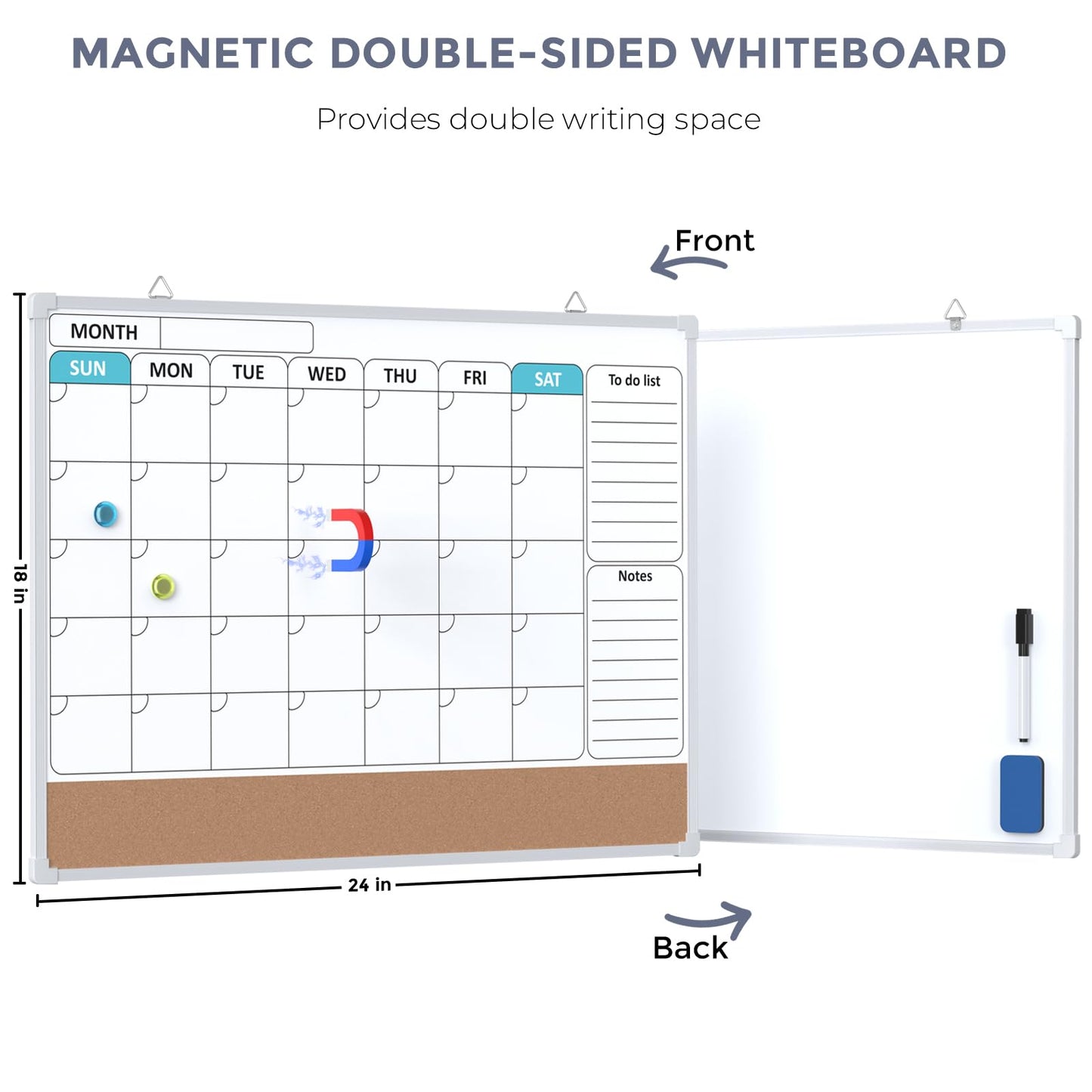 MaxGear Monthly Calendar Whiteboard for Wall, 24" x 18" Double-Sided White Board Calendar with Bulletin Board, Dry Erase Cork Board Combo, Hanging Dry Erase Board for Office Home Kitchen