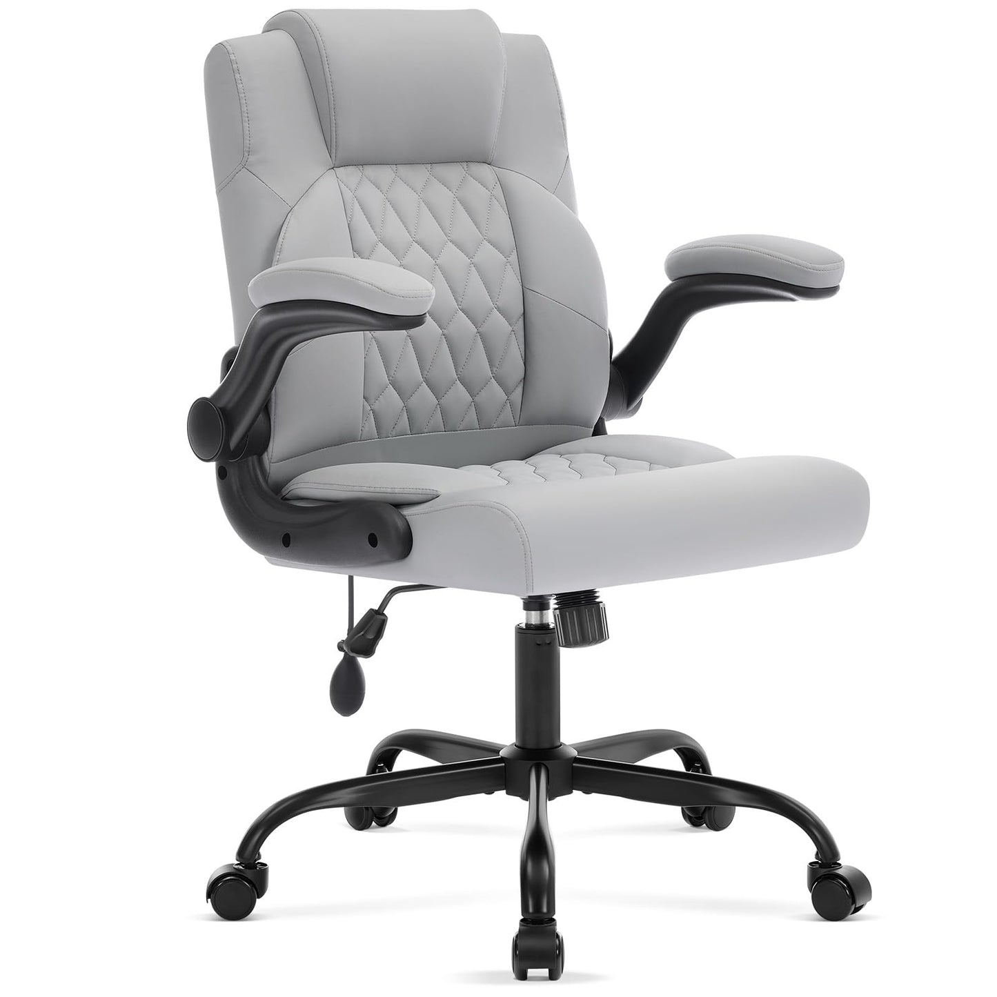 Office Chair with Adjustable Inflatable Lumbar Support,Leather Ergonomic Computer Desk Chair with Flip-up Arms,Adjustable Tilt Lock,Swivel Rolling Executive PC Chair for Work,Study,Meeting.Grey