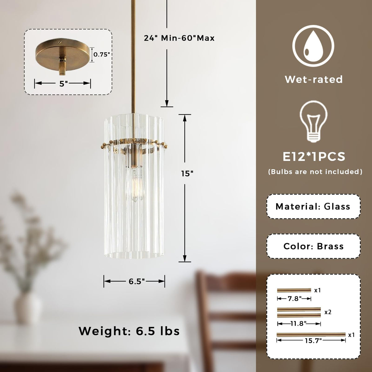 Crystal Fluted Finial Pendant Light with Tumbled Brass Finish, Crystal, Finial Details, Fluted Effect, Tumbled Brass Finish, 6.5" L x 6.5" W x 15" H