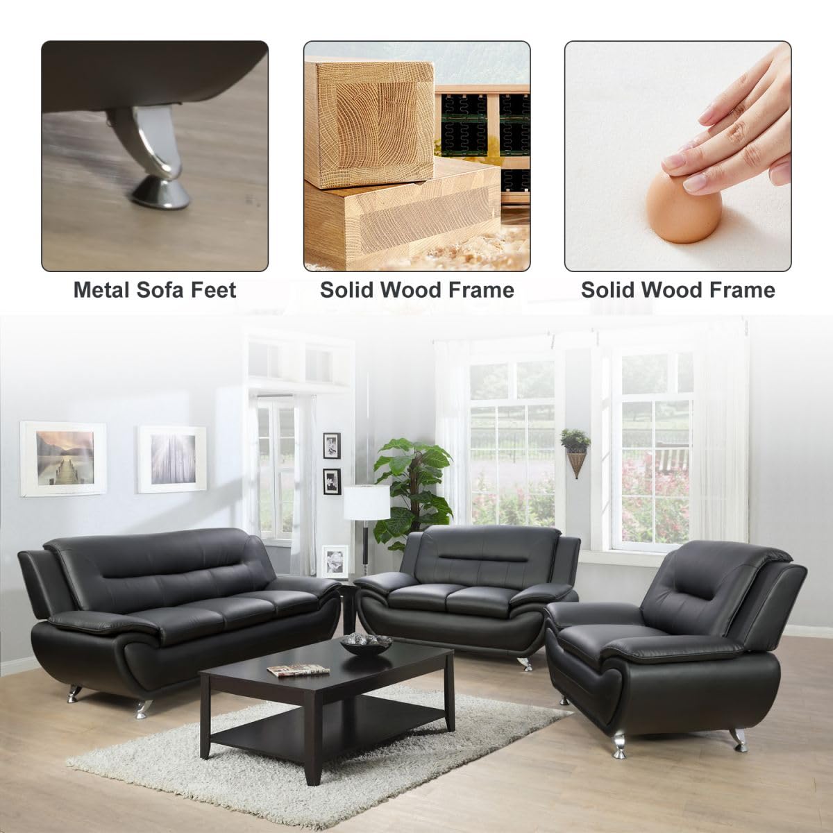UOCFYK Lounge Comfy Faux Leather Sectional Sofa Modern Couch for Small Living Room/Dorm/Bedroom/Office/Apartment for Small Spaces, (Black-2, Three-Piece)