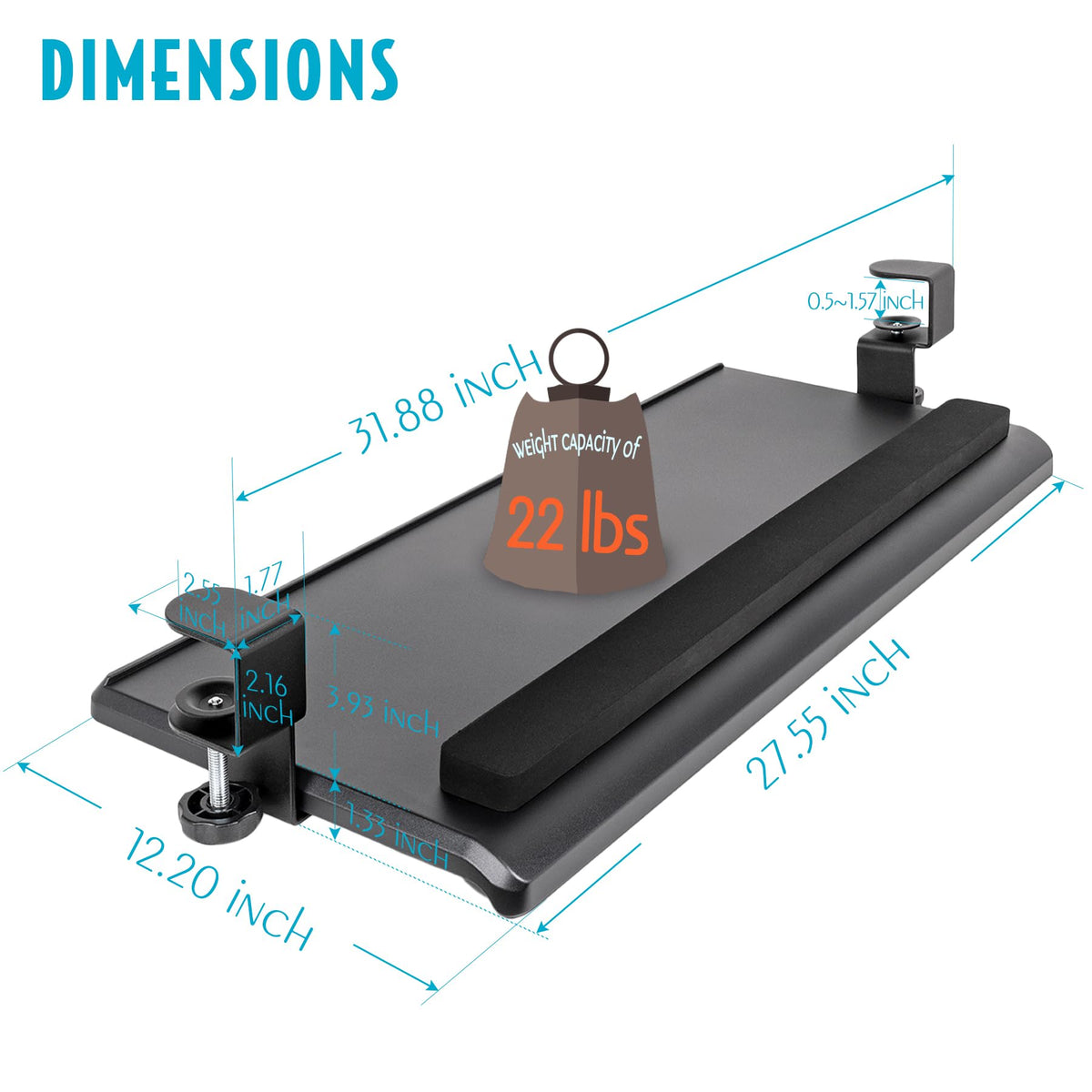 EHO Large Ergonomic C-Clamp Keyboard Tray Mount Under Desk with Wrist Rest, Slide-Out Platform 27.5" (31.8" Including Clamps) x 12.5", Pull Out Keyboard & Mouse Tray for Home or Office, Black