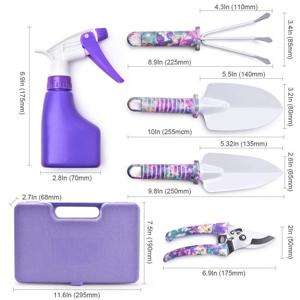 Gardening Tools,5 Pieces Garden Tools with Floral Print, Ergonomic Handle Trowel Rake Weeder Pruner Shears Sprayer,Gardening Supplies with Carrying Case Gifts for Women