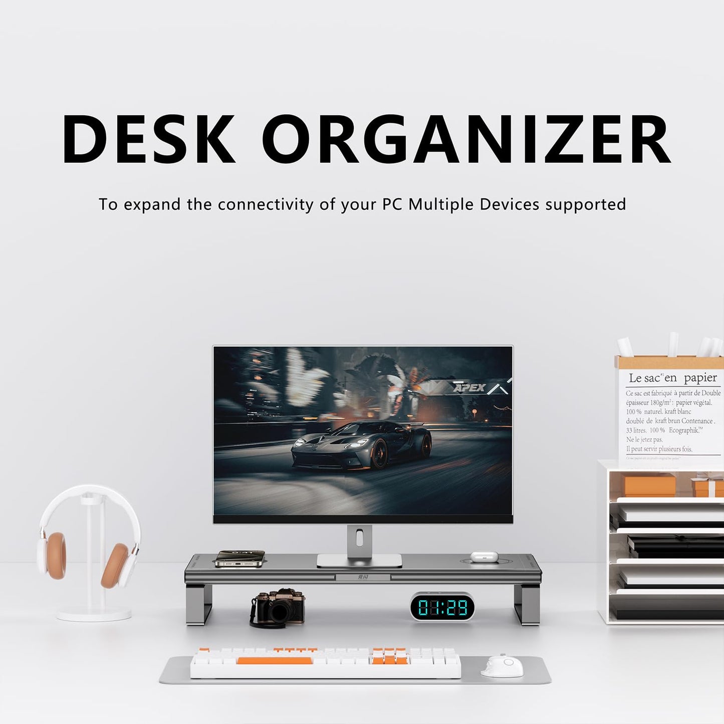 JINRAIKO Monitor Stand with Docking Station, Aluminum Monitor Riser with 6-in-1 Docking Station: 4K HDMI, USB-C, USB 3.0, PD 100W, Wireless Charging,Metal Desk Stand with Storage-Silver Gray