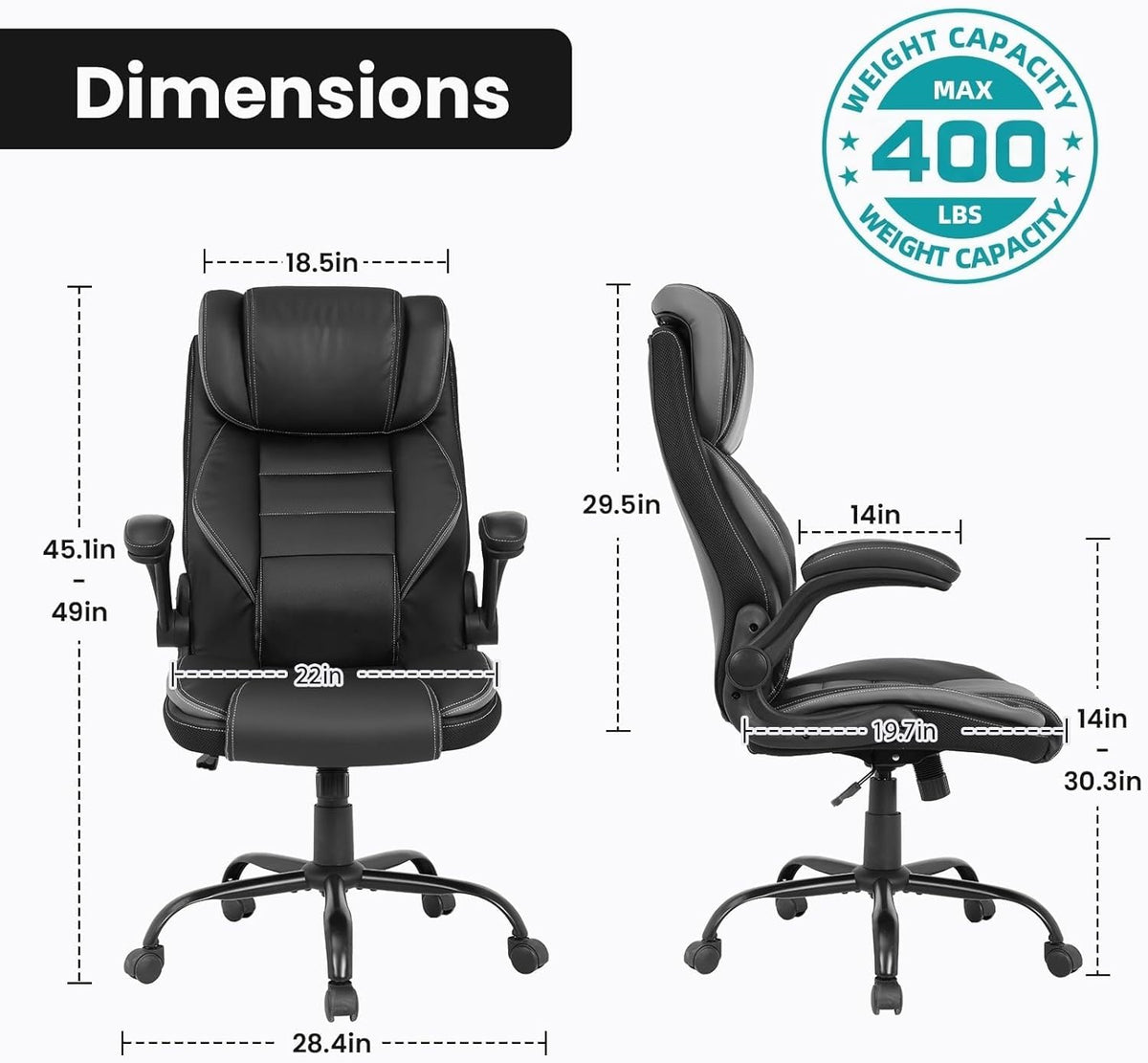Big and Tall Executive Office Chair 400lbs for Heavy People, Ergonomic Computer Desk Chair with Lumbar Support & Adjustable Headrest, Comfy High Back Leather Office Chairs for Back Pain Relief, Grey