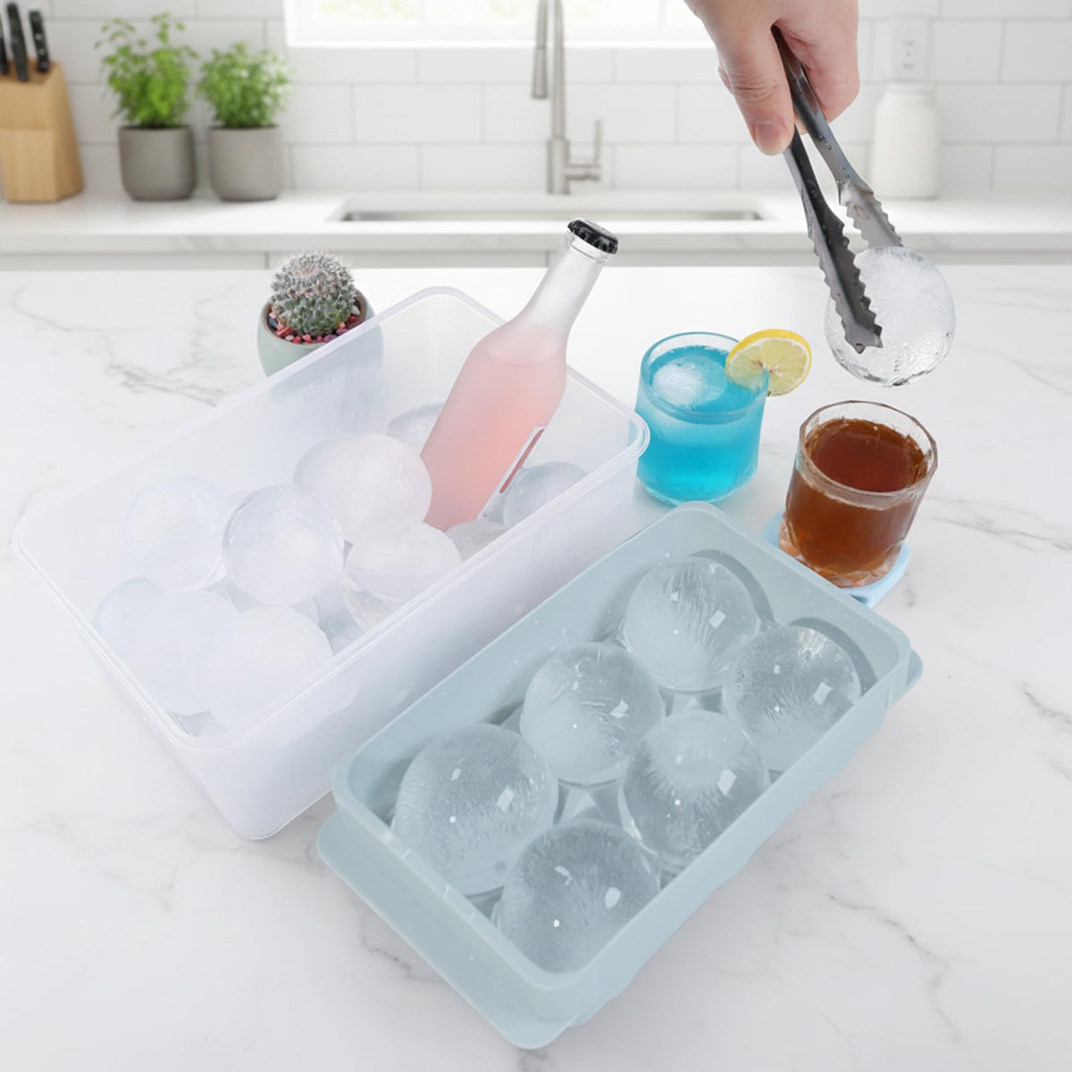 Large Ice Ball Maker Mold, 2.5" Round Ice Cube Mold for Whiskey Bourbon Cocktail, 8 Balls, Sphere Ice Mold, Big Ice Cube Tray with Container and Tongs, Easy to Fill & Release