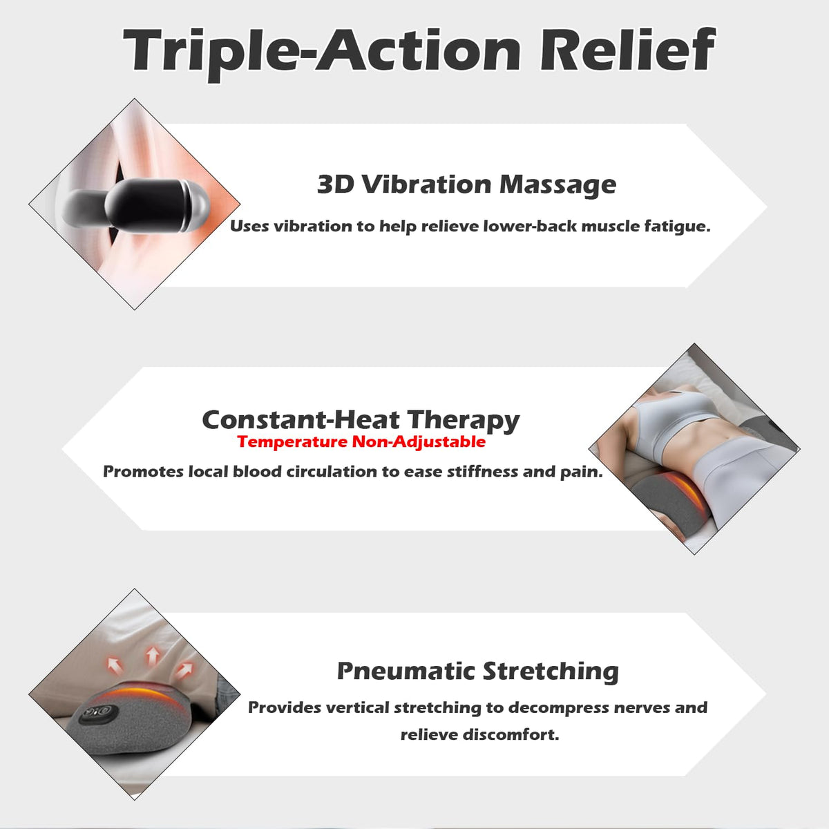 Lewuyoya Plug-in 3 in 1 Lower Back Massager for Pain Relief Deep Tissue,Smooth Spine Triple Fusion Back Massager with Heat & Vibration & Traction, Electric Lumbar Support Pillow for Bed,Chair,Office