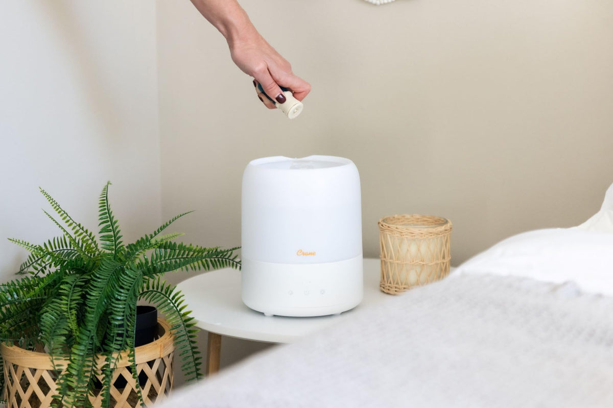 Crane Top Fill Mini Humidifier for Bedroom and Nursery 3-In-1 Essential Oil Diffuser Sleep Light 0.5 Gallon Baby Humidifier