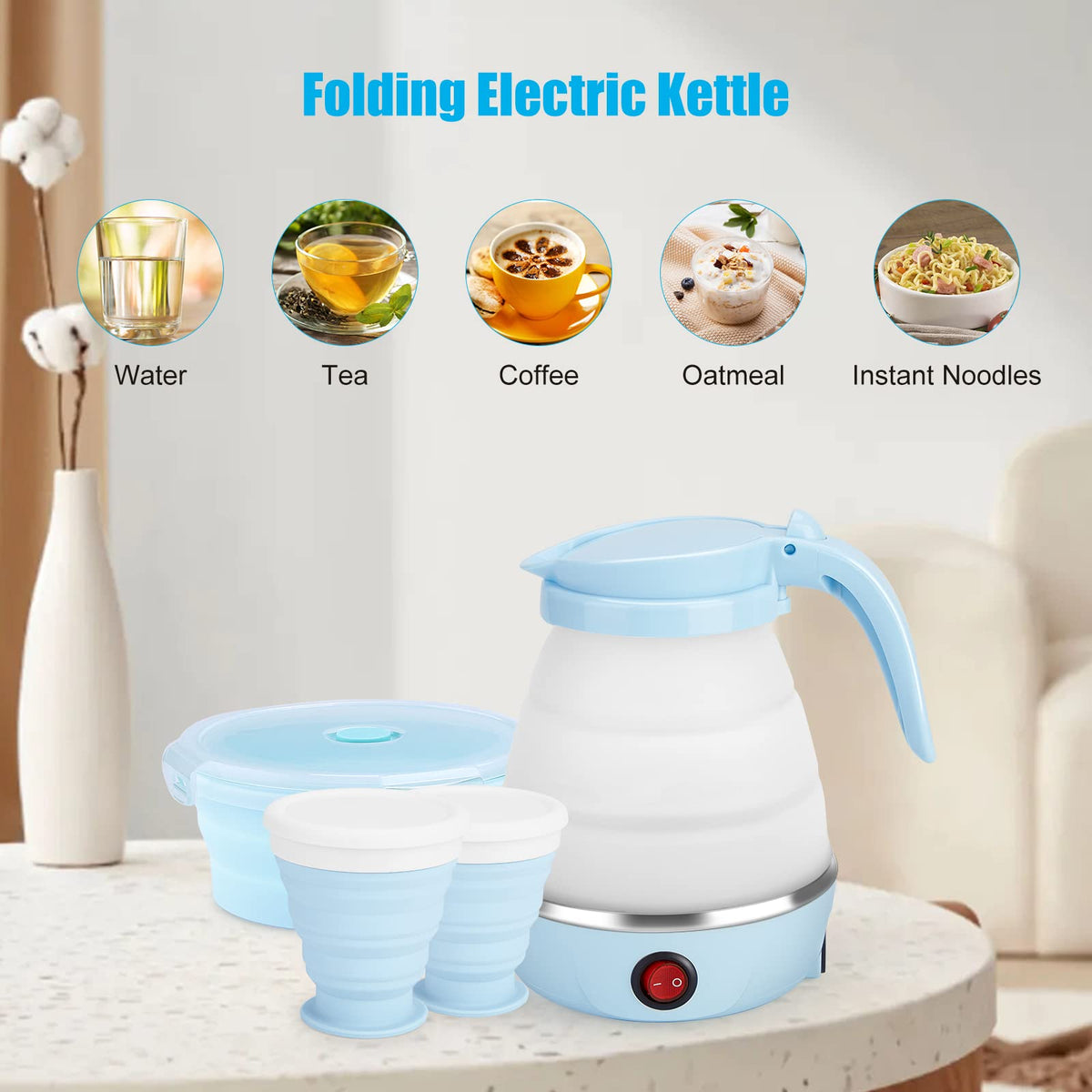 Travel Foldable Electric Kettle, Portable Kettle for Fast Water Boiling Tea Coffee, with 1 Collapsible Bowl and 2 Cups, Food Grade Silicon, 600ML 110V
