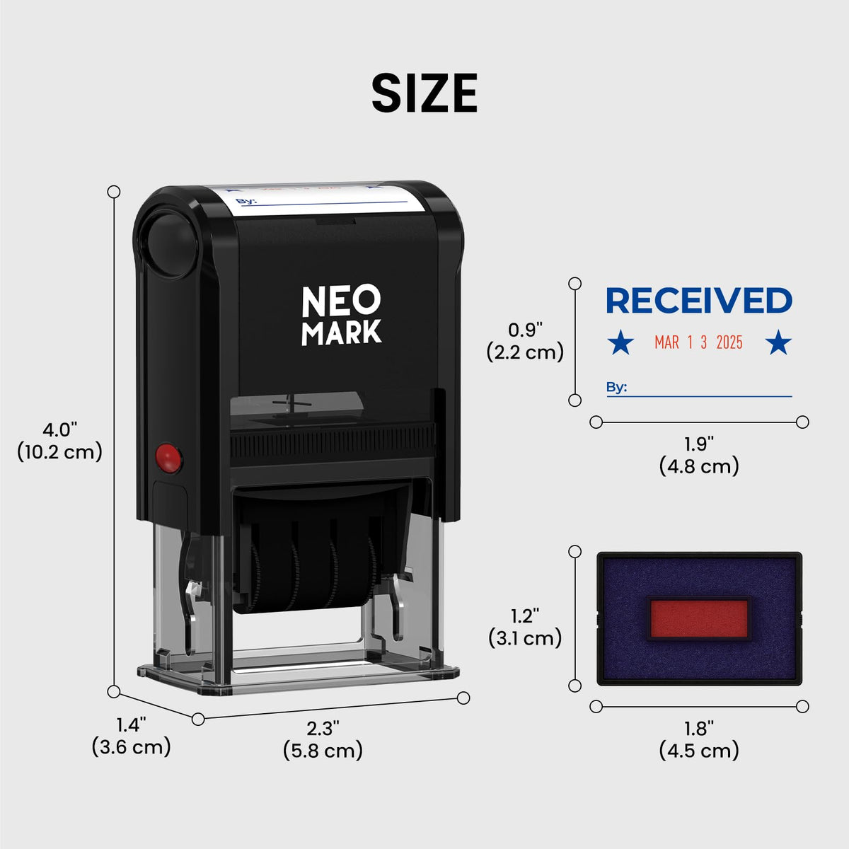 NEO MARK Large Self-Inking Date Office Stamp with Received Blue Ink & Date Red Ink, 12-Year Adjustable Rubber Dater, Ideal for Documents, Business & Accounting - with an Extra Refill Ink Pad
