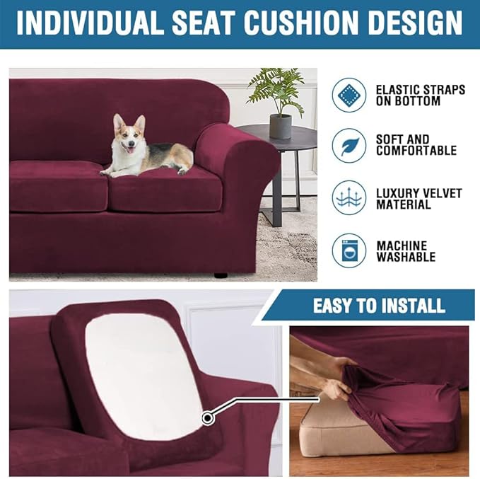 H.VERSAILTEX Modern Velvet Plush 4 Piece High Stretch Sofa Slipcover Sofa Cover