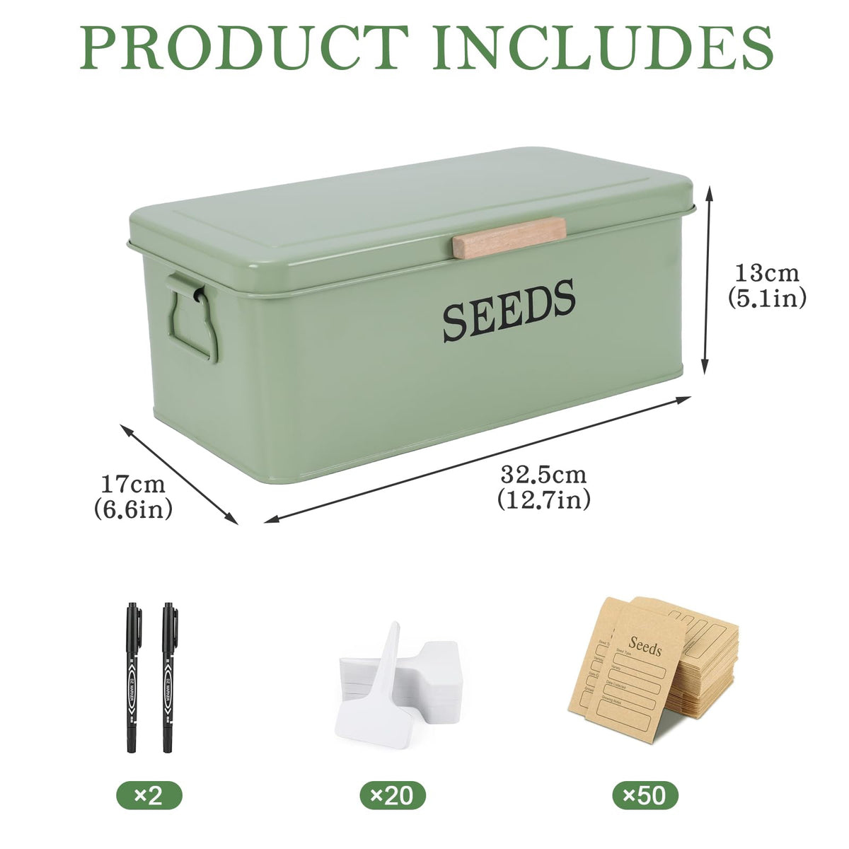 Mowhut Seed Storage Organizer,Metal Seed Saving Box with Lid,4 Compartments Box with Safety Locks,Garden Supplies Container with 20 Plant Labels 50 Saving Envelopes 2 Marker Pens,Green