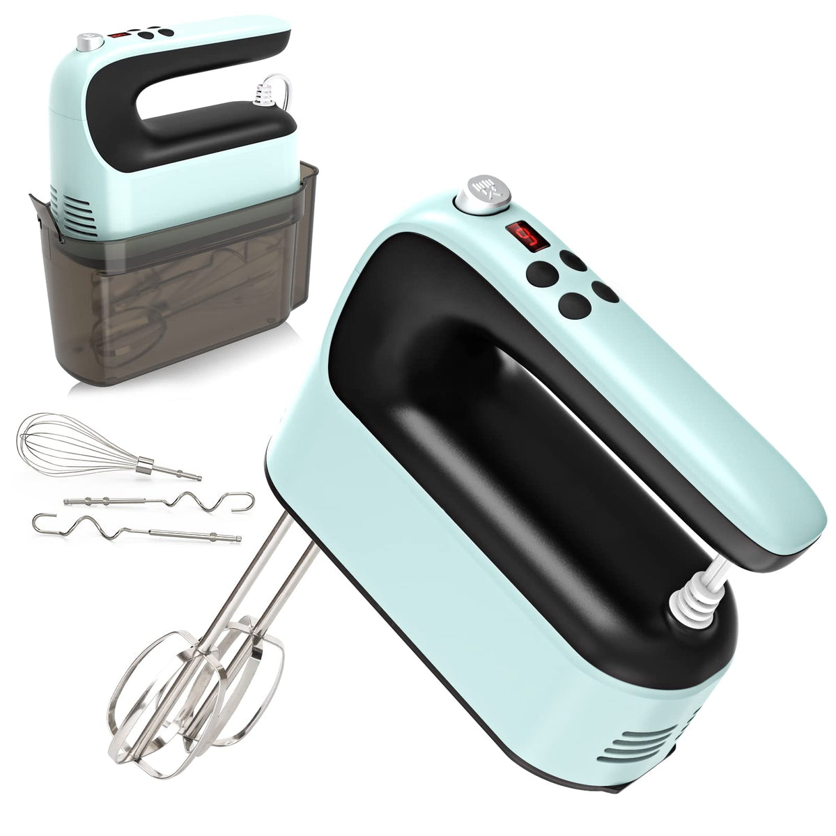 Yomelo 9-Speed Digital Hand Mixer Electric, 400W Powerful DC Motor, Hand Mixer Electric Handheld with Snap-On Storage Case, 5 Stainless Steel Accessories, Beaters, Dough Hooks, Whisk(Ice Blue/Black)