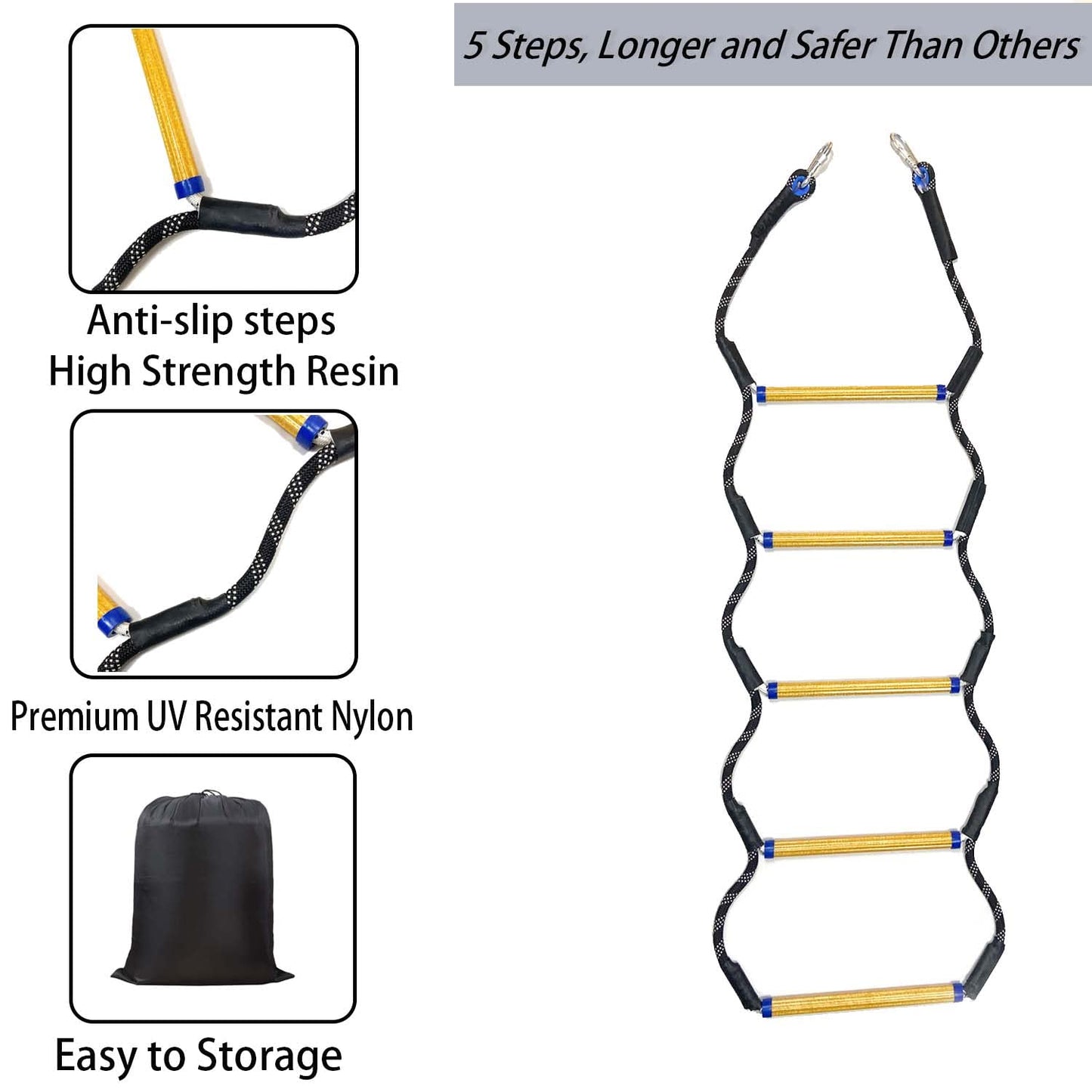 Boat Rope Ladder, 5 Step Heavy Duty 400Lbs Strength Rope Ladder for Inflatable Boat, Fishing Boat, Kayak, Motorboat, Canoeing,