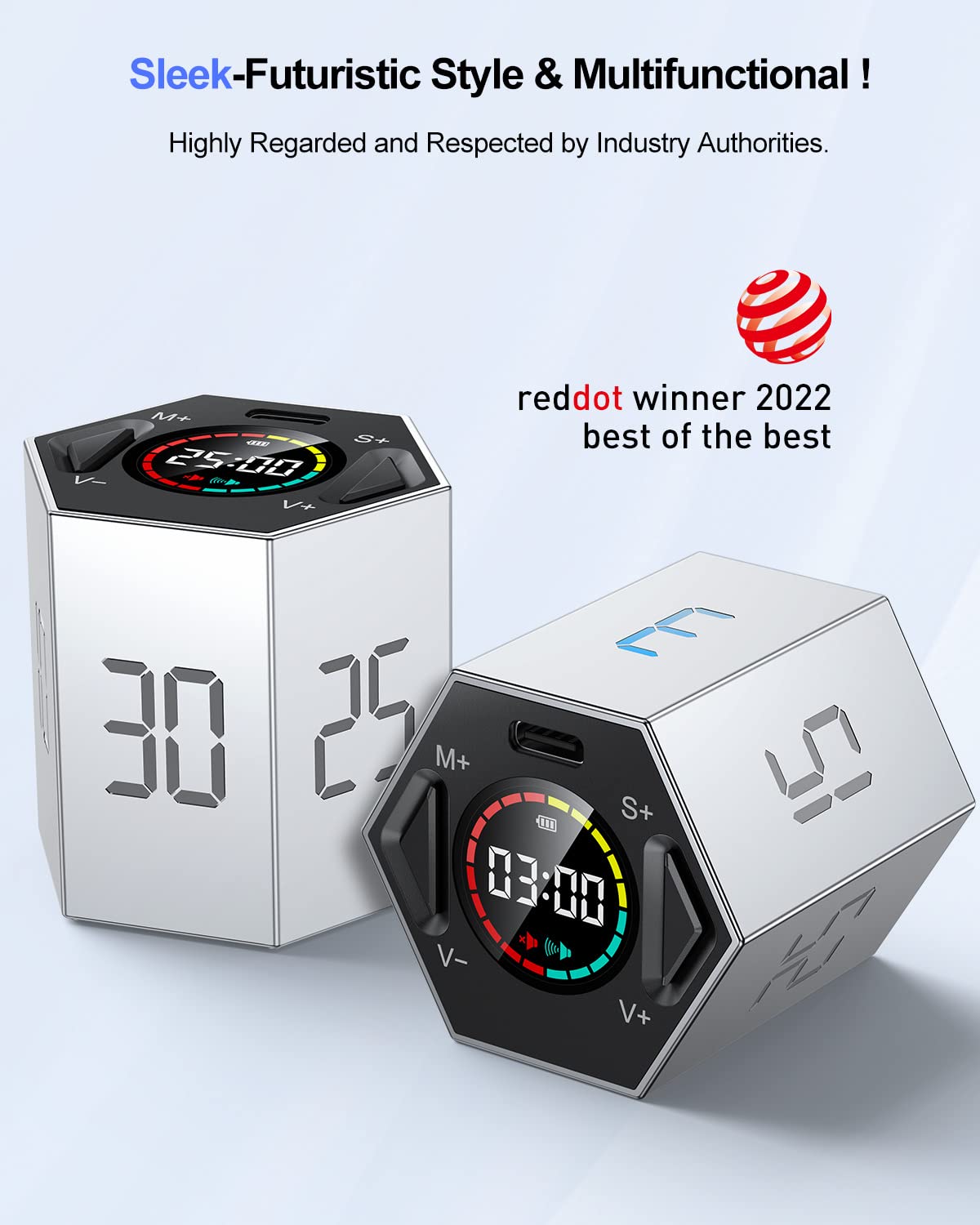 Ticktime Pomodoro Timer, Productivity Timer Cube, 3/5/10/15/25/30 Min Presets, Custom Countdown & Stopwatch 1s–99m59s, Sound/Vibration/Silent, Magnetic, Rechargeable, for ADHD Study Work, Gray