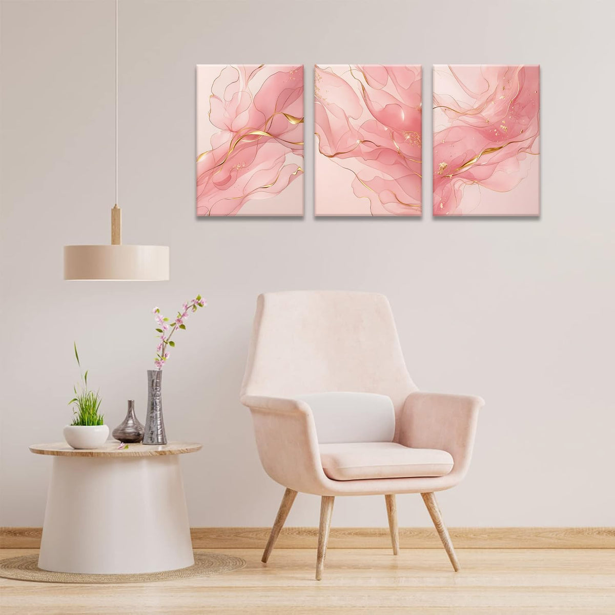 Fetyiu 3 Piece Pink Canvas Wall Art Pink And Gold Abstract Art Prints Modern Minimalist Pictures Wall Decor Marble Paintings Artwork for Living Room Bedroom Bathroom Office 12x16in Framed