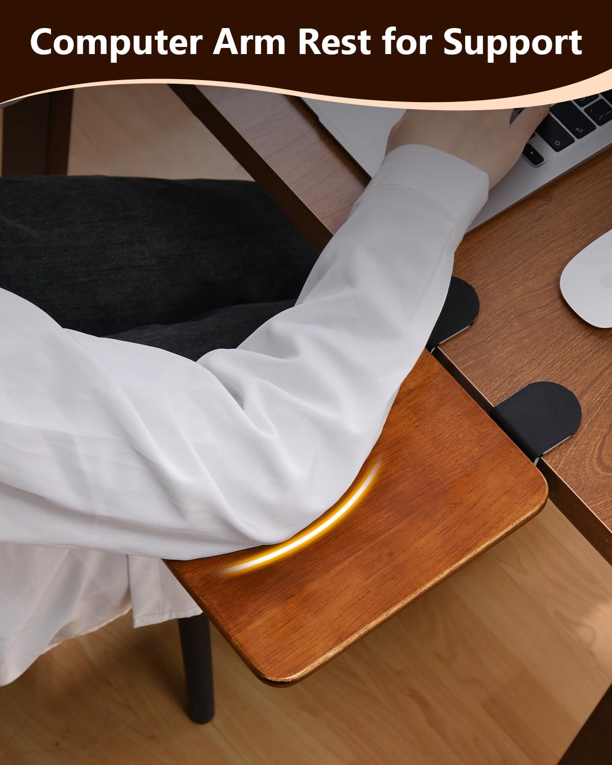nediea Ergonomic Desk Extender Tray, 8.2"x7.6" Table Mount Arm Wrist Rest Shelf, 90° Foldable Elbow Support, Clamp on Computer Arm Rest for Desk, Office & Home Use, Wood