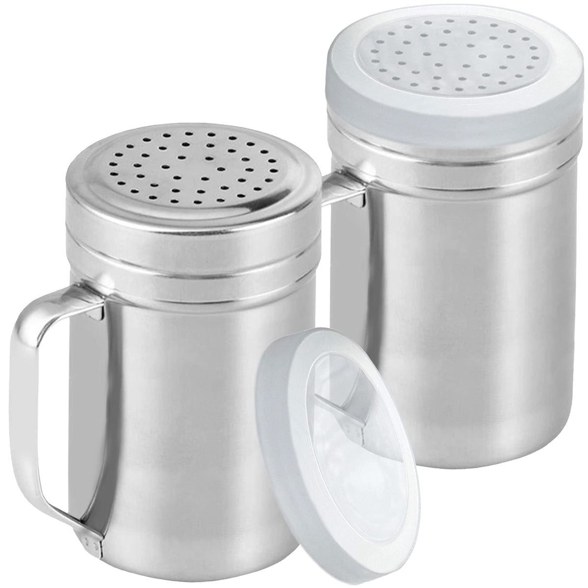 CUSINIUM Large Metal Salt Pepper Cooking Dredge Shakers - With Handle - Seasonings Spice Shakers With Holes and Lids - 14 Ounce, 2pcs | Style: Medium