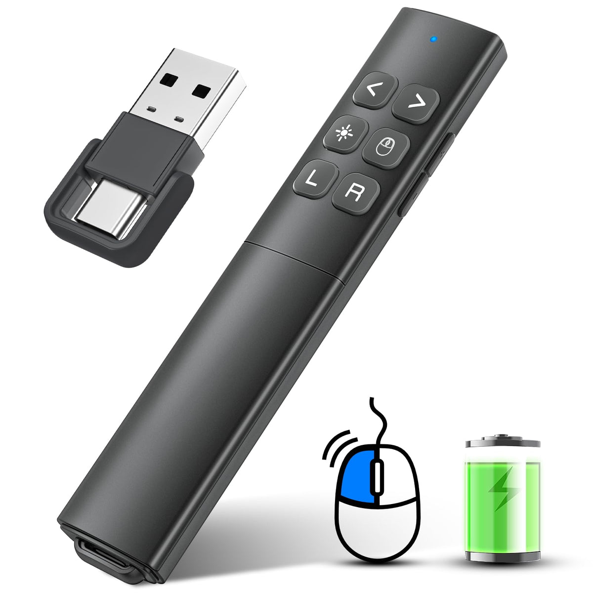 Presentation Clicker with Air Mouse - USB C Wireless Presenter Remote Clicker with Pointer, RF 2.4GHz PowerPoint Clicker for Presentation