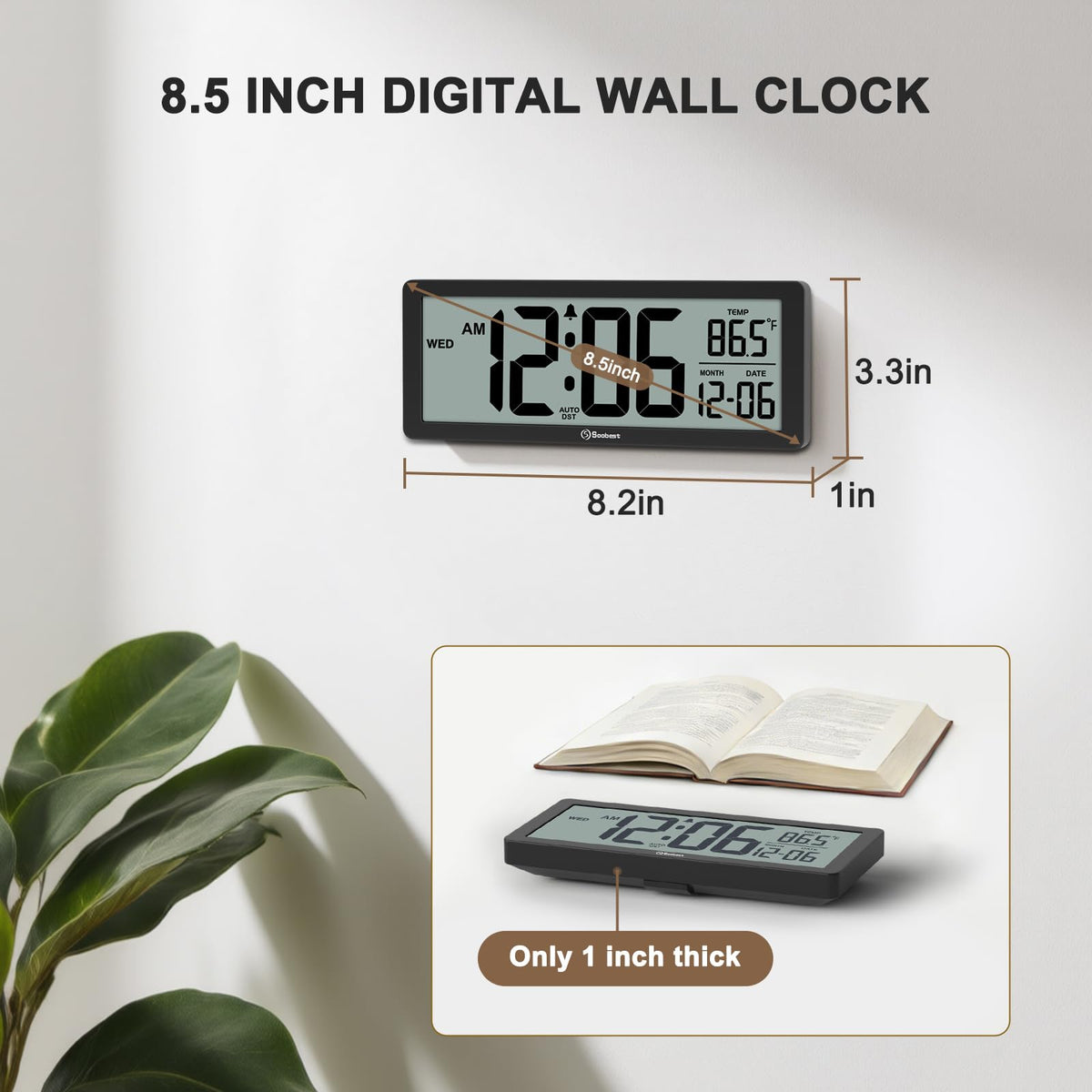 Soobest 8.5 Inch Digital Wall Clock Battery Operated with Backlight, Temperature, Date, Day & Auto DST, Black Slim Design for Elderly, Bedroom, Living Room, Office