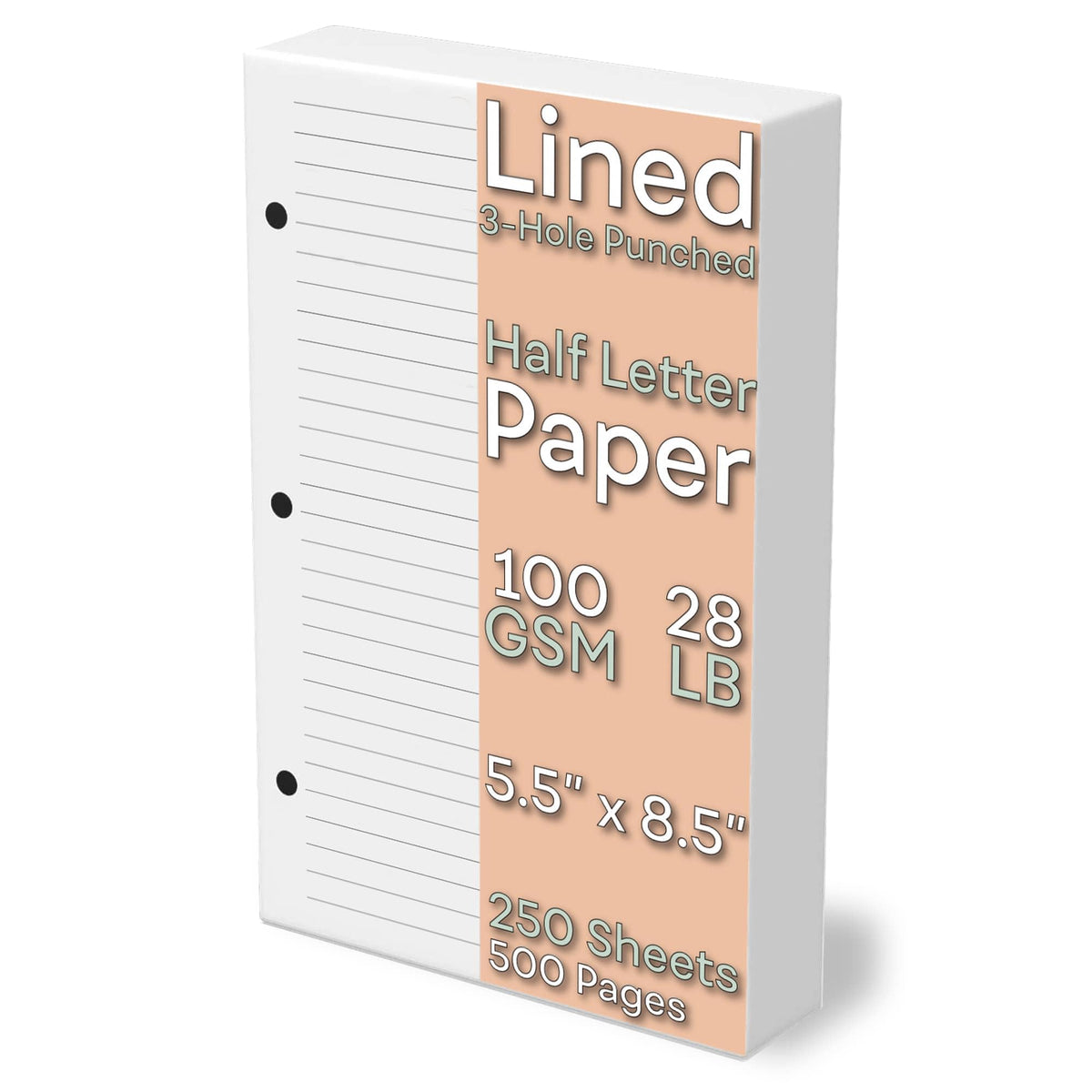 Half Letter Lined Paper, 3-Hole Punched, 250 Sheets/500 Pages, 100 GSM, Line Paper Binder Refill, 5.5 in. x 8.5 in., fits in Half Letter 3-Ring Binders, Mini Binder Refill Inserts