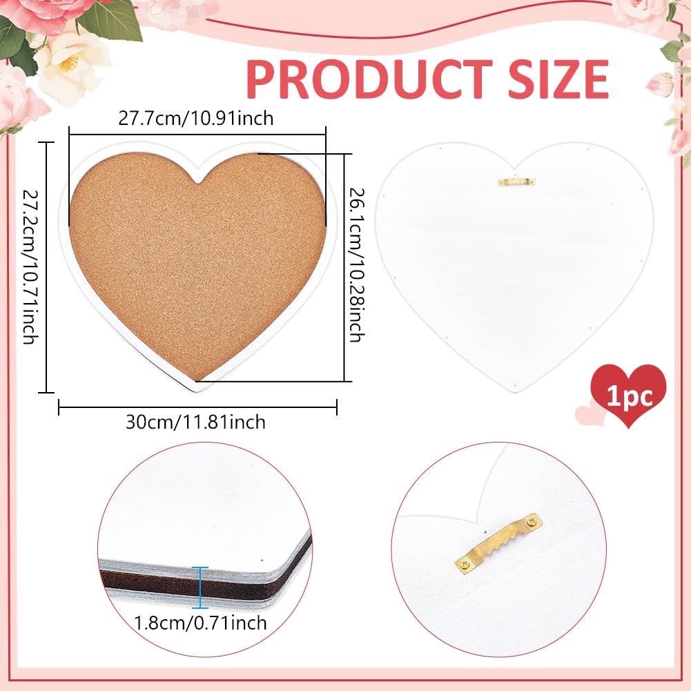BENECREAT White Heart Pin Cork Board, 0.7 Inch Thick Bulletin Display Board with White Frame for Brooch Pin Storage, Office Home Festival Valentine's Decor, 11.8x10.7 Inch