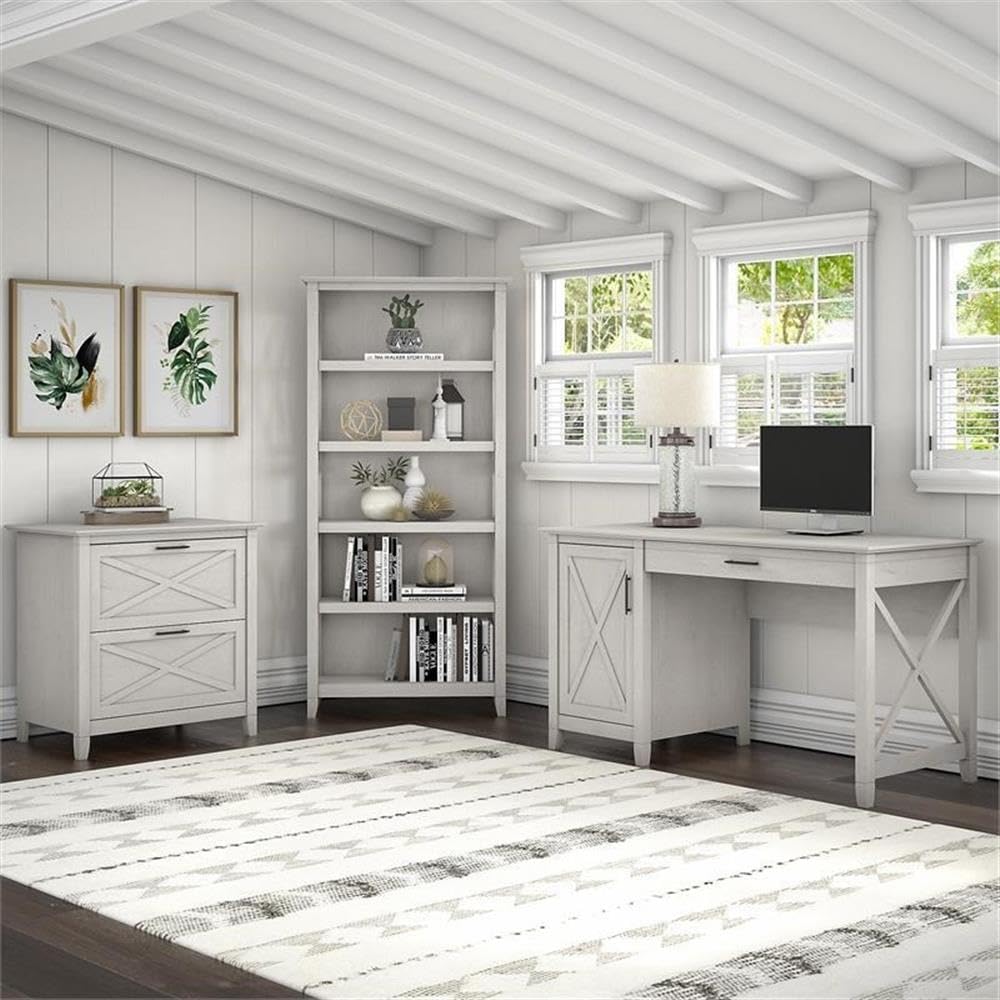 Bush Furniture Key West 54W Computer Desk with 2 Drawer Lateral File Cabinet and 5 Shelf Bookcase in Linen White Oak
