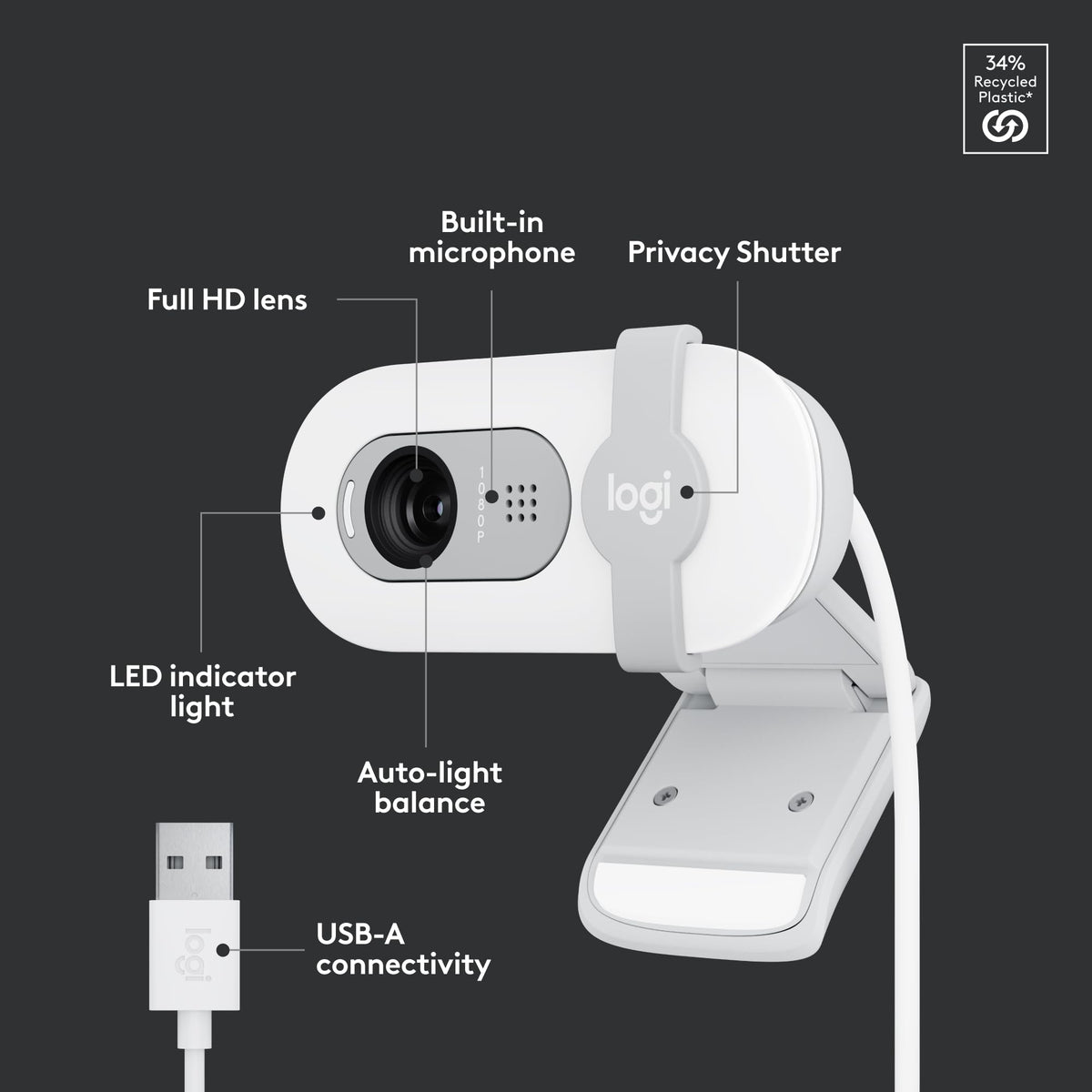 Logitech Brio 100 Full HD 1080p Webcam for Meetings, Streaming, Desktop, Laptop, PC - Built-in Mic, Shutter, Works with Zoom, Microsoft Teams, Nintendo Switch 2’s new GameChat Mode-Off -White