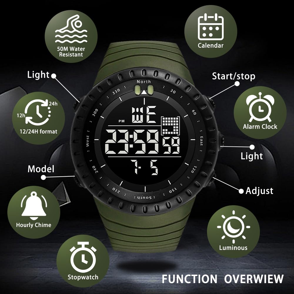 KXAITO Men's Watches Sports Outdoor Waterproof Military Watch Date Multi Function Tactics LED Face Alarm Stopwatch for Men (6256 Military Green Band Black Dial)
